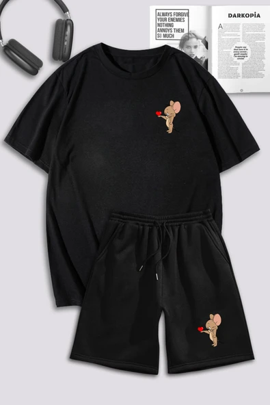macklin Unisex Kadın Erkek Tom ve Jerry Kalp Baskılı Özel Tasarım Oversize Tshirt Ve Şort Eşofman Takımı