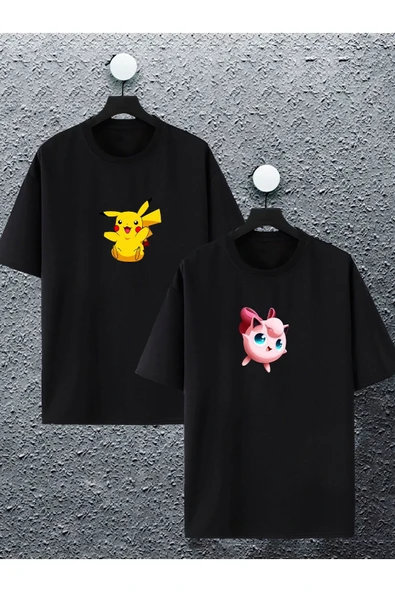 macklin Unisex Kadın Erkek Pikachu Jigglypuff Baskılı Sevgili Çift Kombini Tasarım Oversize T-shirt 2'li Set