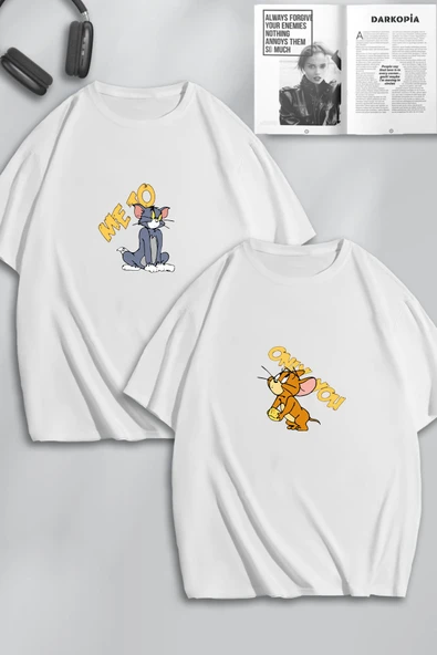 macklin Unisex Kadın Erkek Tom ve Jerry Only You Baskılı Sevgili Çift Kombini Tasarım Oversize Tshirt 2'li