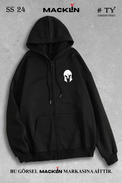 macklin Unisex  Kapüşonlu Savaşçı Miğfer Baskılı Fermuarlı Sweatshirt Polar Ceket