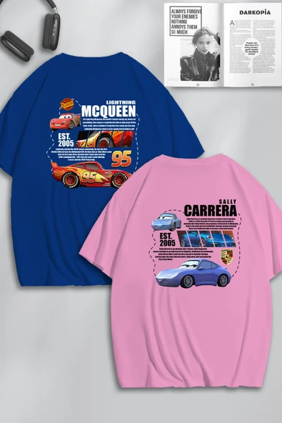 macklin Unisex Cars Şimşek McQueen ve Sally SIRT Baskılı Sevgili Çift Kombini Tasarım Oversize T-shirt 2li