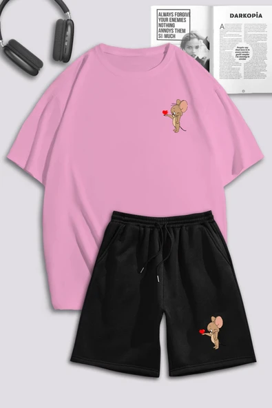 macklin Unisex Kadın Erkek Tom ve Jerry Kalp Baskılı Özel Tasarım Oversize Tshirt Ve Şort Eşofman Takımı