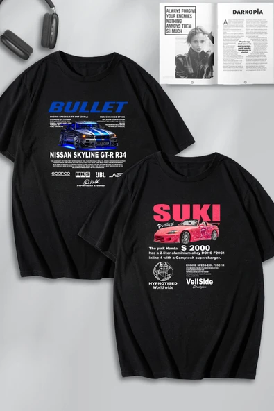 macklin Unisex  Hızlı ve Öfkeli Bullet & SukiBaskılı Sevgili Çift Kombini Tasarım Oversize Tshirt 2'li