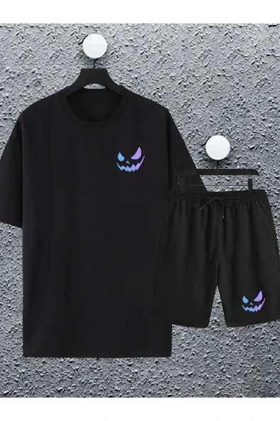 macklin Unisex Kadın Erkek Renkli Gülen Yüz Baskılı Oversize Tshirt ve Şort Eşofman Takımı