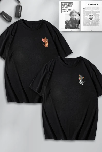 macklin Unisex Kadın Erkek Tom ve Jerry Aşık Baskılı Sevgili Çift Kombini Tasarım Oversize Tshirt 2'li