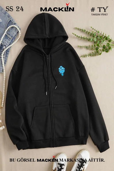 macklin Unisex Kadın Erkek Ateş ve Su Baskılı Kapüşonlu Fermuarlı Sevgili Tasarım Sweatshirt Polar Ceket