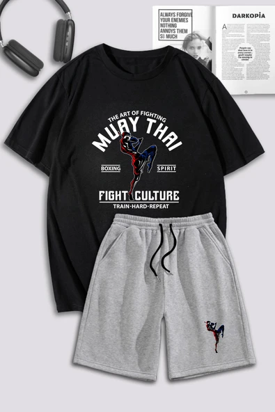 macklin Unisex Kadın Erkek Muay Thai Fight Culture Baskılı Oversize Tshirt Ve Şort Eşofman Takımı