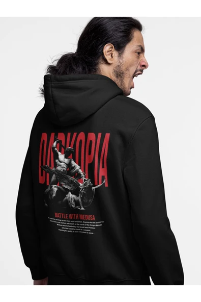 macklin Unisex Kadın Erkek Battle With Medusa Ön Arka Baskılı Özel Tasarım Baskılı Kapşonlu Sweatshirt