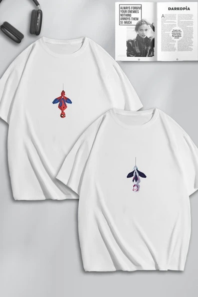 macklin Unisex Kadın Erkek Spiderman ve Gwen Ağ Baskılı Sevgili Çift Kombini Tasarım Oversize Tshirt 2'li