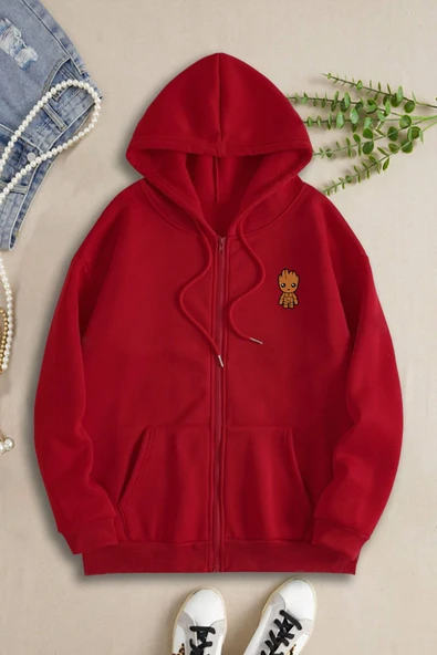 macklin Unisex Kadın Erkek Kapüşonlu Marvel Groot Baskılı Fermuarlı Sweatshirt Polar Ceket