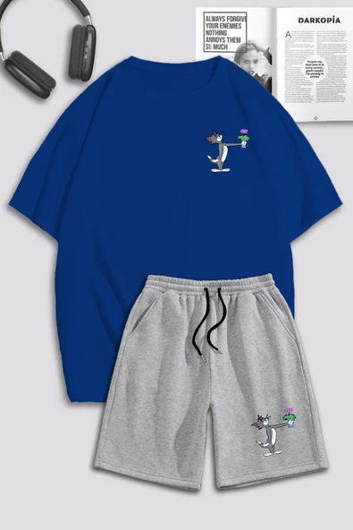macklin Unisex Kadın Erkek Tom ve Jerry Çiçek Baskılı Özel Tasarım Oversize T shirt Ve Şort Eşofman Takımı