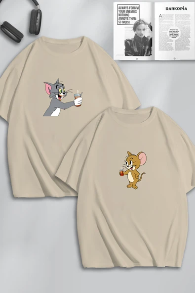 macklin Unisex Kadın Erkek Tom ve Jerry Çay Baskılı Sevgili Çift Kombini Tasarım Oversize Tshirt 2li