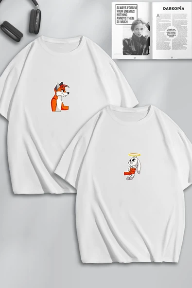 macklin Unisex Kadın Erkek Sevimli Tavşan ve Tilki Sevgili Çift Kombini Tasarım Oversize Tshirt 2'li