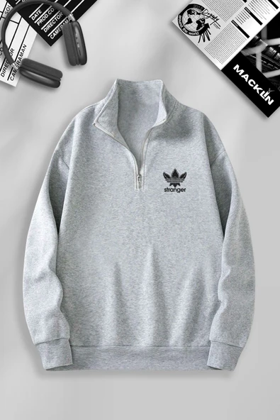 macklin Unisex Kadın Erkek Stranger  Baskılı Yarım Fermuarlı Dik Yaka Basic Kazak Sweatshirt