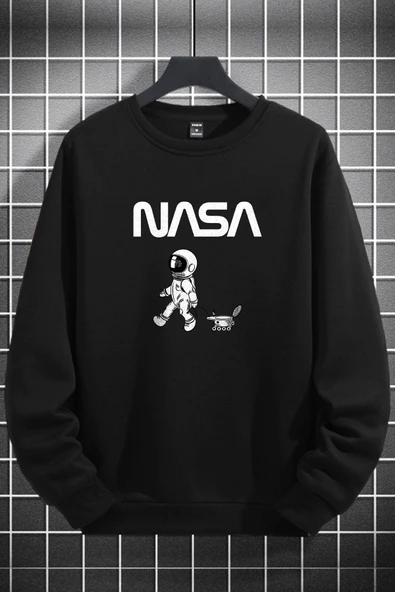 macklin Unisex Kadın Erkek Nasa Astronot Baskılı Sıfır Yaka Siyah Sweatshirt