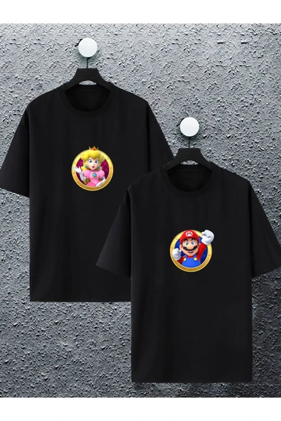 macklin Unisex Kadın Erkek Super Mario Ve Prenses Baskılı Sevgili Çift Kombini Tasarım Oversize Tshirt 2'li