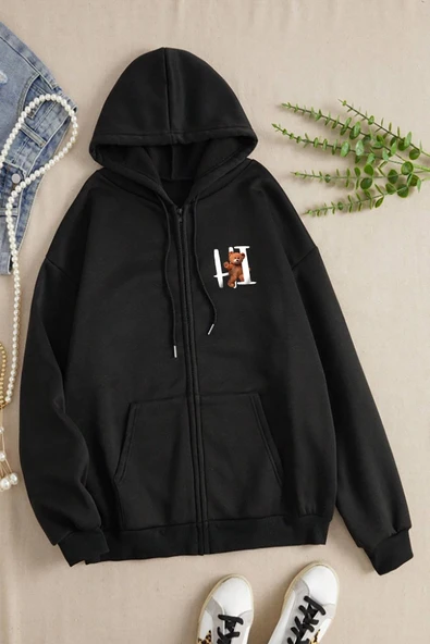 macklin Kadın Kapüşonlu Hi Bear Baskılı Fermuarlı Sweatshirt Polar Ceket