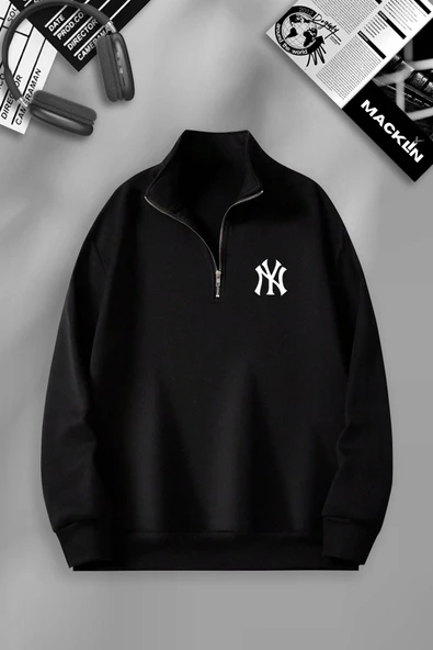 macklin Unisex Kadın Erkek NY Baskılı Yarım Fermuarlı Dik Yaka Basic Kazak