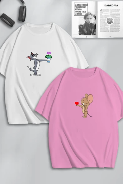 macklin Unisex Kadın Erkek Çiçek Kalp Tom ve Jerry Baskılı Sevgili Çift Kombini Tasarım Oversize Tshirt 2li
