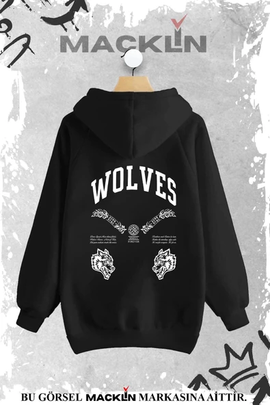 macklin Unisex Kadın Erkek Wolves Sırt Baskılı Kapşonlu Sweatshirt - 1