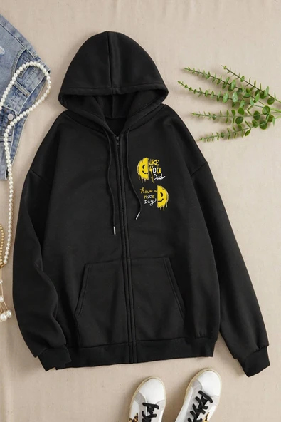 macklin Kadın Kapüşonlu Happy Face Baskılı Fermuarlı Sweatshirt Polar Ceket
