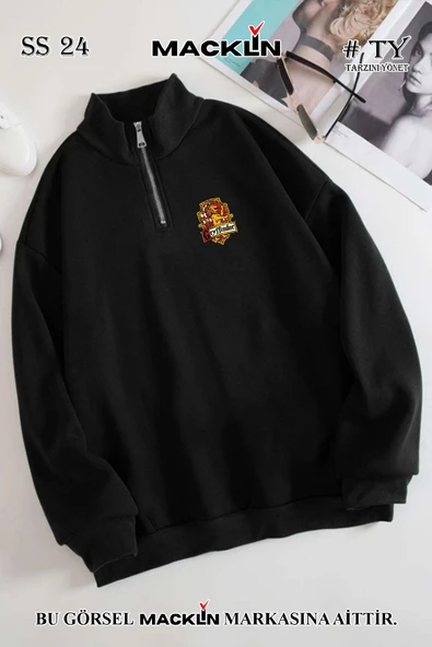 macklin Unisex Kadın Erkek Harry Potter Gryffindor Baskılı Yarım Fermuarlı Dik Yaka Basic Sweatshirt