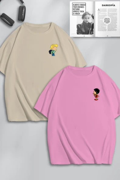 macklin Unisex Kadın Erkek ve Chen Baskılı Sevgili Çift Kombini Tasarım Oversize Tshirt 2'li