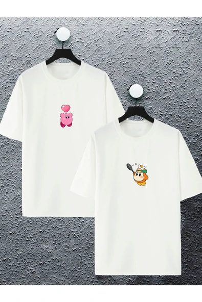macklin Unisex Kadın Erkek Kirby Ve Waddle De Baskılı Sevgili Çift Kombini Tasarım Oversize T-shirt 2'li