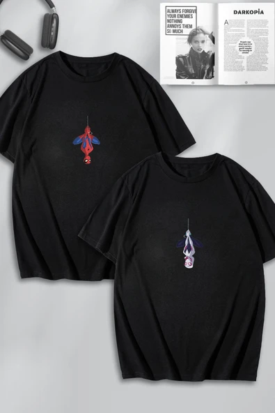 macklin Unisex Kadın Erkek Spiderman ve Gwen Ağ Baskılı Sevgili Çift Kombini Tasarım Oversize Tshirt 2'li