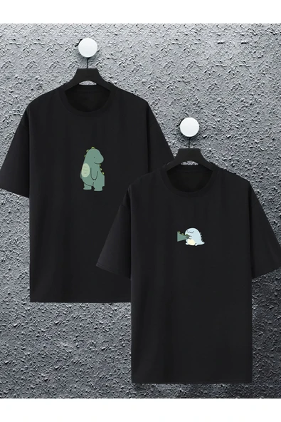 macklin Unisex Kadın Erkek Dinozor Baskılı Sevgili Çift Kombini Tasarım Oversize T-shirt 2'li Set