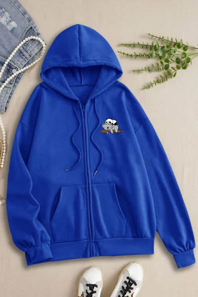 macklin Unisex Kadın Erkek Kapüşonlu Panda Koala Baskılı Fermuarlı Sweatshirt Hırka