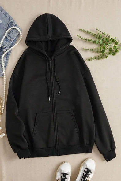 macklin Unisex Kadın Erkek Basic Kapüşonlu Fermuarlı Hırka Ceket