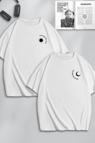 macklin Unisex Kadın Erkek Ay ve Güneş Göğüs Baskılı Sevgili Çift Kombini Tasarım Oversize Tshirt 2'li
