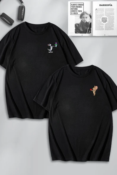 macklin Unisex Kadın Erkek Çiçekli Tom ve Jerry Baskılı Sevgili Çift Kombini Tasarım Oversize Tshirt 2'li