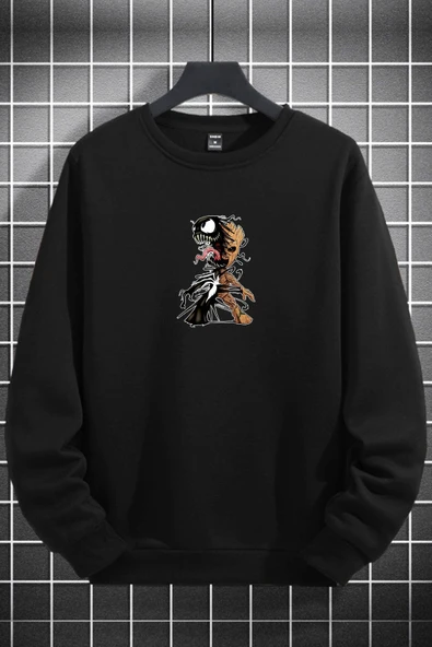macklin Unisex Kadın Erkek Marvel Venom Groot Baskılı Sıfır Yaka Siyah Sweatshirt