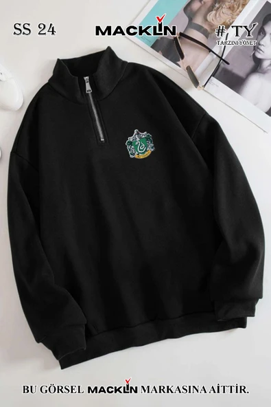 macklin Unisex Kadın Erkek Harry Potter Slytherin Baskılı Yarım Fermuarlı Dik Yaka Basic Sweatshirt