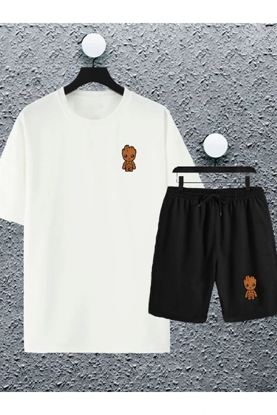 macklin Unisex Kadın Erkek Marvel Groot Baskılı Oversize Tshirt Ve Şort Eşofman Takımı - 1