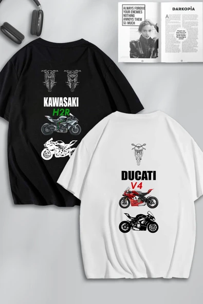 macklin Unisex Kadın Erkek Kawasaki ve Ducati SIRT Baskılı Sevgili Çift Kombini Tasarım Oversize Tshirt 2'li