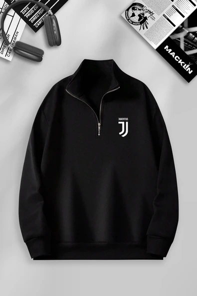 macklin Unisex Kadın Erkek Jventus Baskılı Yarım Fermuarlı Dik Yaka Basic Sweatshirt - 1