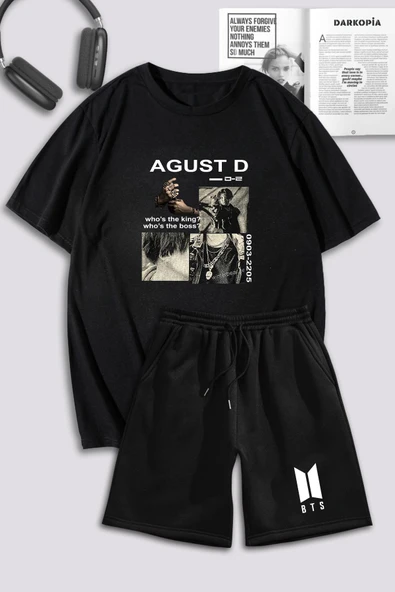 macklin Unisex Kadın Erkek Agust D BTS Baskılı Özel Tasarım Oversize Tshirt Ve Şort Eşofman Takımı