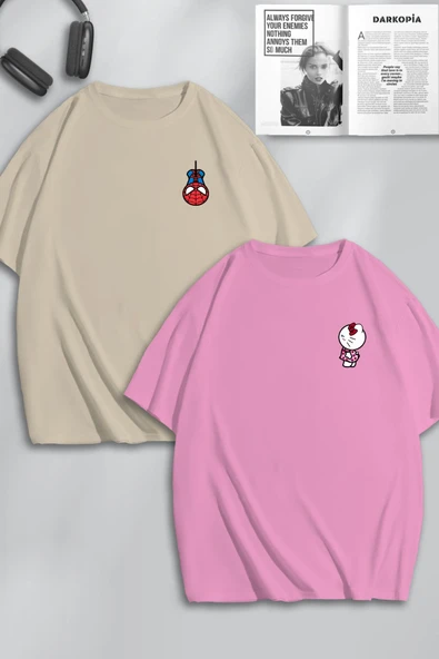 macklin Unisex Kadın Erkek Hello Kitty Spiderman Baskılı Sevgili Çift Kombini Tasarım Oversize Tshirt 2'li