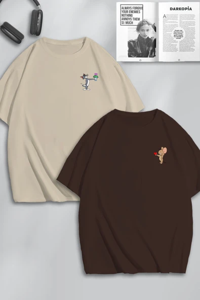 macklin Unisex Kadın Erkek Çiçekli Tom ve Jerry Baskılı Sevgili Çift Kombini Tasarım Oversize Tshirt 2'li