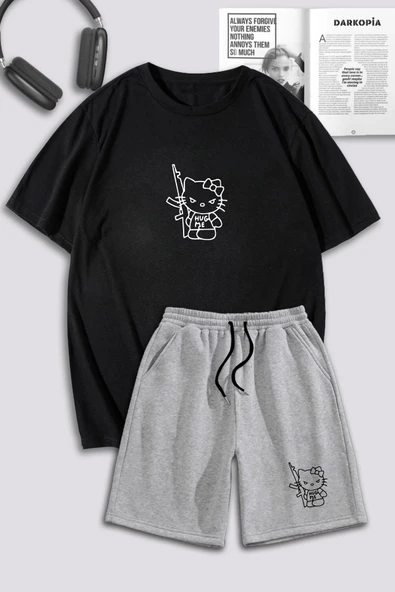 macklin Unisex Kadın Erkek Hello Kitty Hug Me Baskılı Özel Tasarım Oversize Tshirt Ve Şort Eşofman Takımı