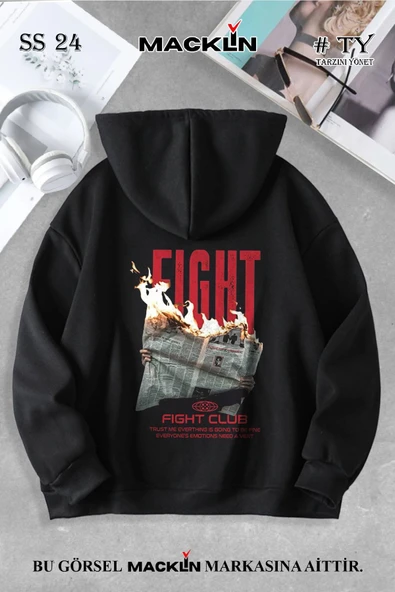 macklin Unisex Kadın Erkek Fight Club Özel Tasarım Baskılı Kapşonlu Sweatshirt