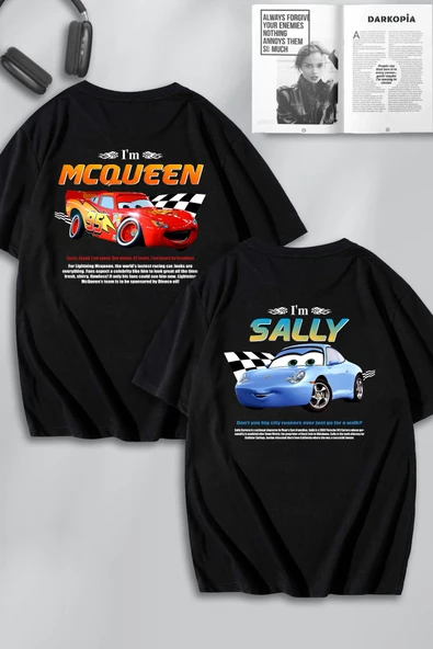 macklin Unisex  Cars Şimşek McQueen ve Sally SIRT Baskılı Sevgili Çift Kombini Tasarım Oversize T-shirt 2li