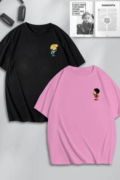 macklin Unisex Kadın Erkek Cedric ve Chen Baskılı Sevgili Çift Kombini Tasarım Oversize Tshirt 2'li