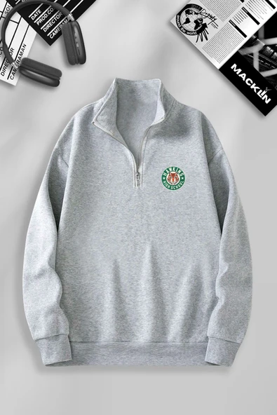 macklin Unisex Kadın Erkek Hawkins High School Baskılı Yarım Fermuarlı Dik Yaka Basic Kazak Sweatshirt