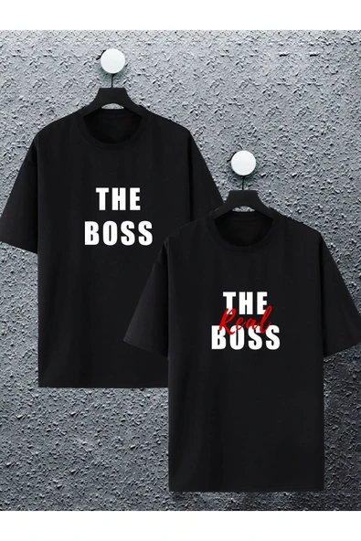 macklin Unisex Kadın Erkek The Boss Ve Real Boss Baskılı Sevgili Çift Kombini Tasarım Oversize T-shirt 2'li