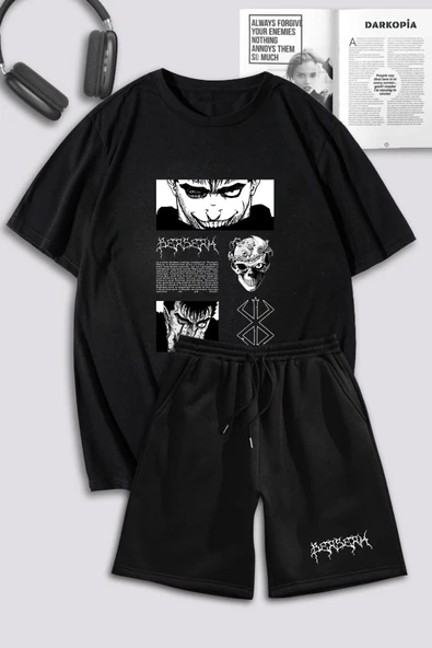 macklin Unisex Kadın Erkek Berserk Anime Baskılı Özel Tasarım Oversize Tshirt Ve Şort Eşofman Takımı