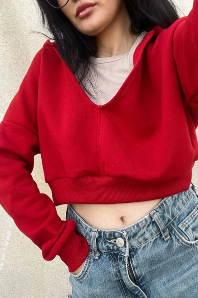 macklin Kadın Kapüşonlu V Yaka Basic Crop Örme Sweatshirt - 1